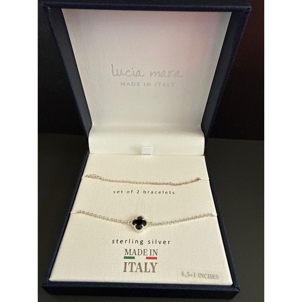 Lucia Mara Sterling Silver Bracelet Set 2pc Black Clover Made in Italy NEW